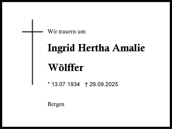Traueranzeige von Ingrid Hertha Amalie Wölffer von Region Chiemgau