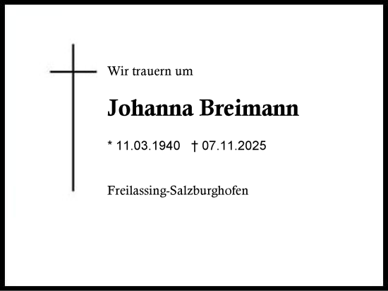 Traueranzeige von Johanna Breimann von Region Berchtesgadener Land