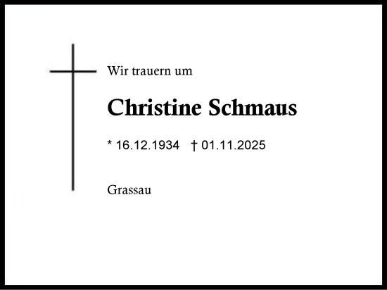Traueranzeige von Christine Schmaus von Region Chiemgau