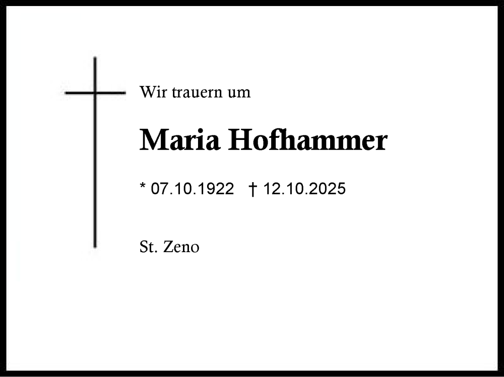  Traueranzeige für Maria Hofhammer vom 08.11.2025 aus Region Berchtesgadener Land