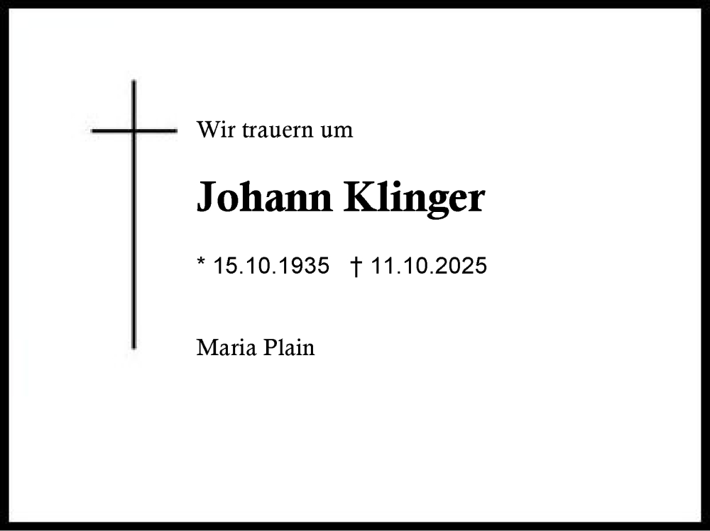  Traueranzeige für Johann Klinger vom 08.11.2025 aus Region Berchtesgadener Land