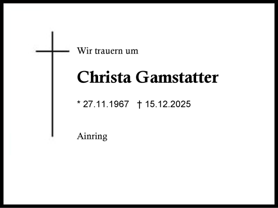 Traueranzeige von Christa Gamstatter von Region Berchtesgadener Land