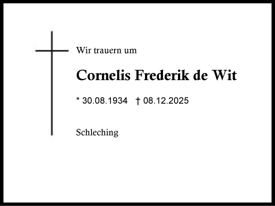 Traueranzeige von Cornelis Frederik de Wit von Region Chiemgau