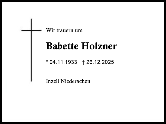 Traueranzeige von Babette Holzner von Region Chiemgau