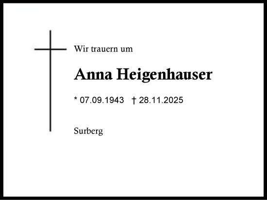 Traueranzeige von Anna Heigenhauser von Region Chiemgau