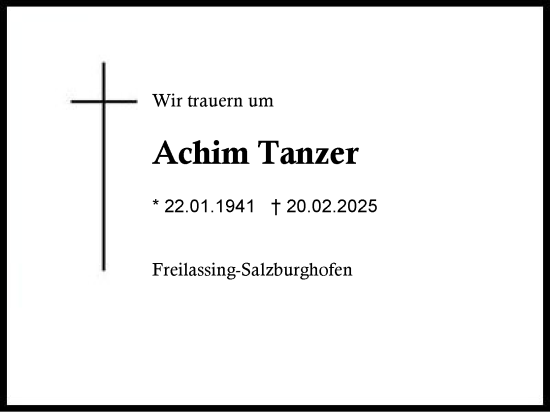 Traueranzeige von Achim Tanzer von Region Berchtesgadener Land