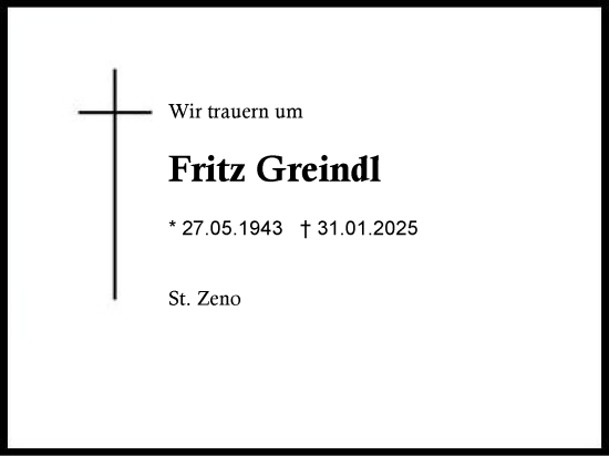 Traueranzeige von Fritz Greindl von Region Berchtesgadener Land