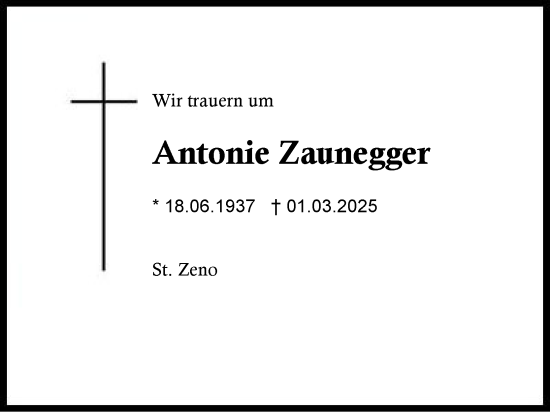 Traueranzeige von Antonie Zaunegger von Region Berchtesgadener Land