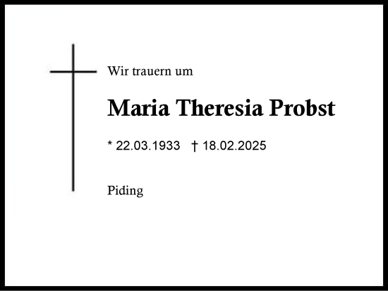 Traueranzeige von Maria Theresia Probst von Region Berchtesgadener Land