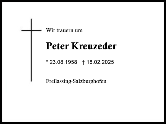 Traueranzeige von Peter Kreuzeder von Region Berchtesgadener Land