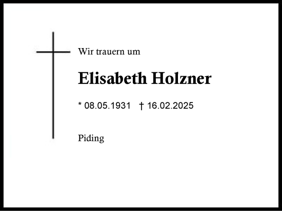 Traueranzeige von Elisabeth Holzner von Region Berchtesgadener Land