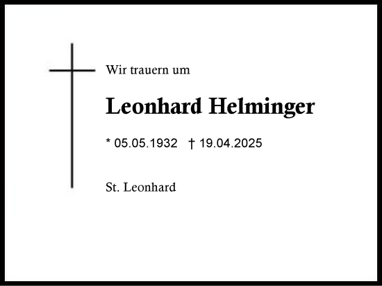 Traueranzeige von Leonhard Helminger von Region Chiemgau