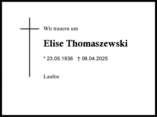 Traueranzeige von Elise Thomaszewski von Traunstein