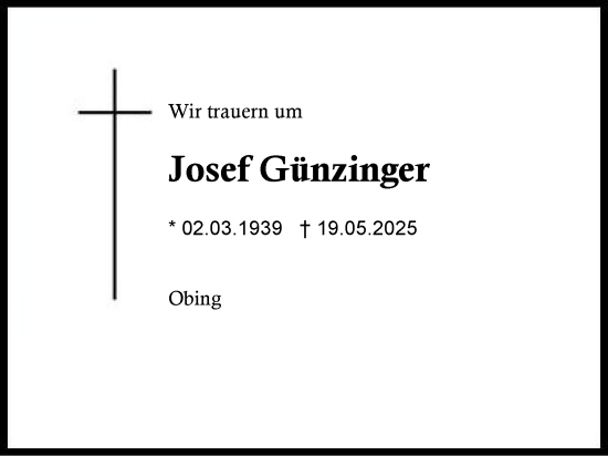 Traueranzeige von Josef Günzinger von Traunstein