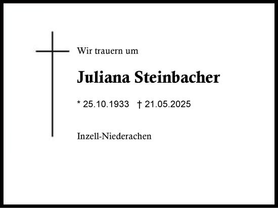 Traueranzeige von Juliana Steinbacher von Region Chiemgau