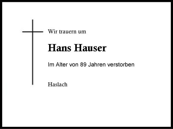 Traueranzeige von Hans Hauser von Traunstein