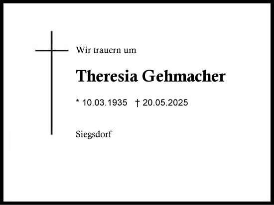 Traueranzeige von Theresia Gehmacher von Region Chiemgau