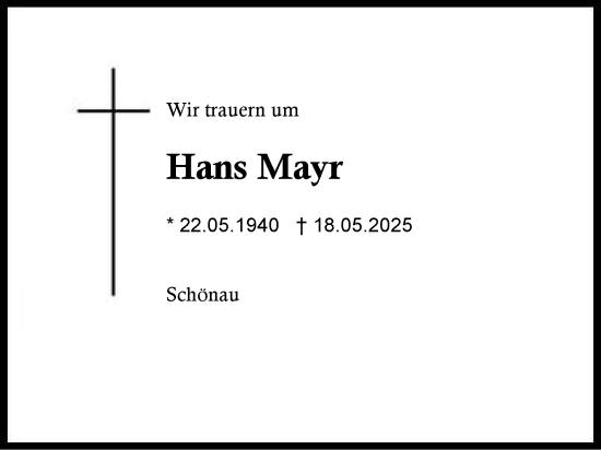 Traueranzeige von Hans Mayr von Region Chiemgau