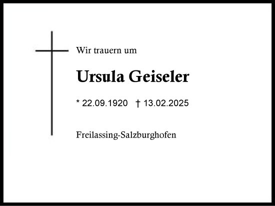 Traueranzeige von Ursula Geiseler von Region Berchtesgadener Land