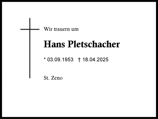Traueranzeige von Hans Pletschacher von Region Chiemgau