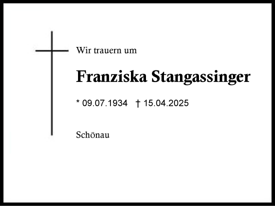Traueranzeige von Franziska Stangassinger von Region Chiemgau