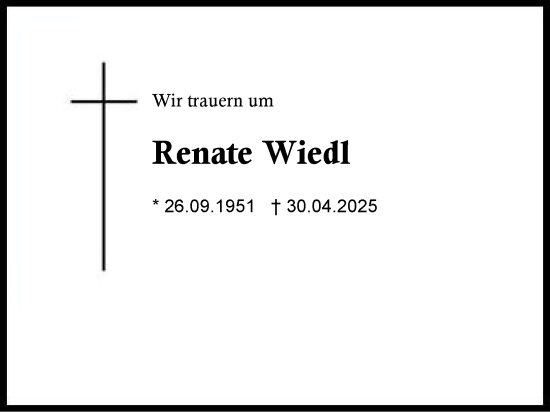 Traueranzeige von Renate Wiedl von Region Chiemgau
