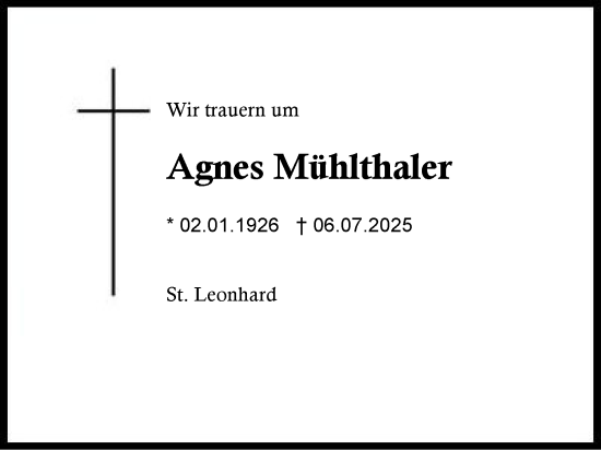 Traueranzeige von Agnes Mühlthaler von Region Chiemgau