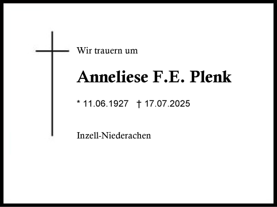 Traueranzeige von Anneliese F.E. Plenk von Region Chiemgau