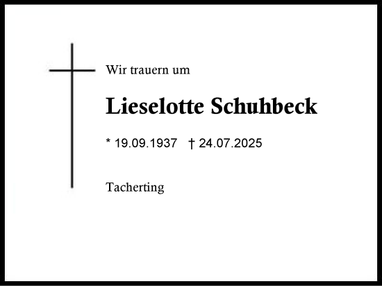 Traueranzeige von Lieselotte Schuhbeck von Traunstein