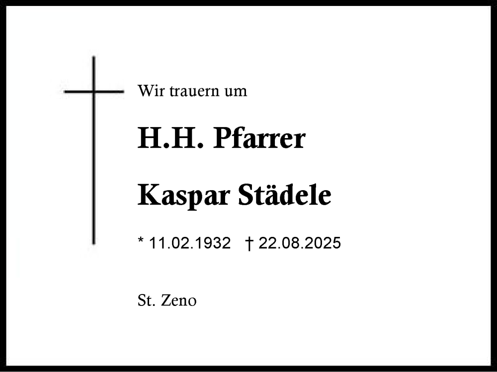  Traueranzeige für Kaspar Städele vom 27.08.2025 aus Region Chiemgau