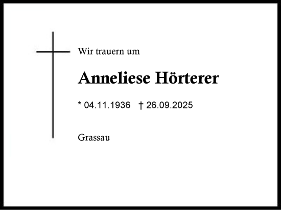Traueranzeige von Anneliese Hörterer von Region Chiemgau