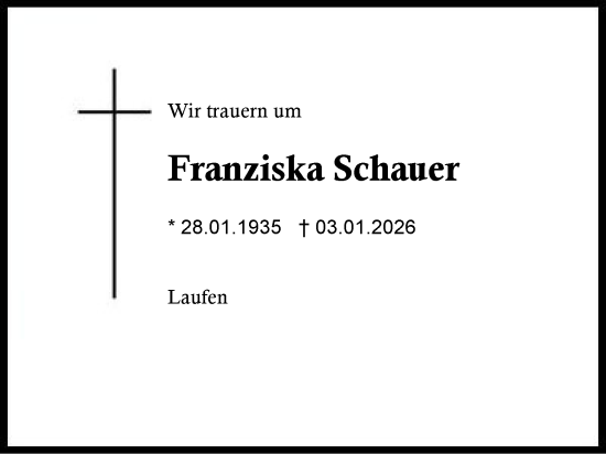 Traueranzeige von Franziska Schauer von Traunstein