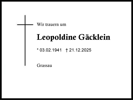 Traueranzeige von Leopoldine Gäcklein von Region Chiemgau