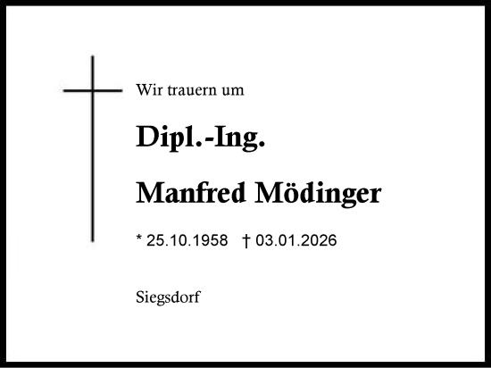 Traueranzeige von Manfred Mödinger von Region Chiemgau