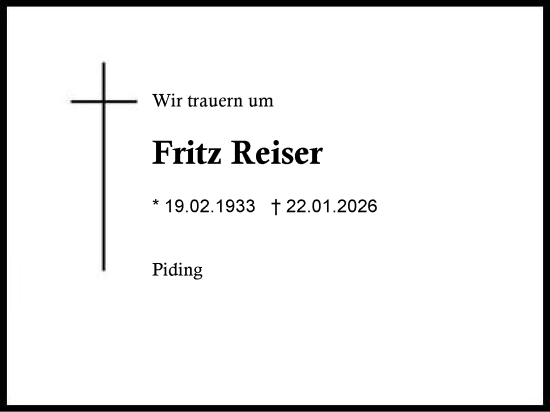 Traueranzeige von Fritz Reiser von Region Berchtesgadener Land