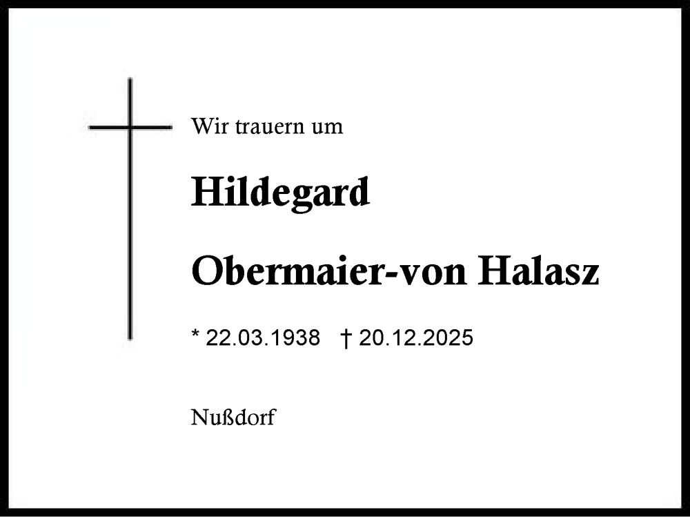  Traueranzeige für Hildegard Obermaier-von Halasz vom 03.01.2026 aus Region Chiemgau