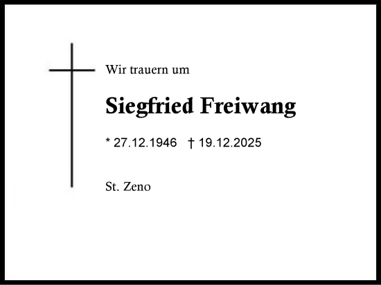 Traueranzeige von Siegfried Freiwang von Region Berchtesgadener Land