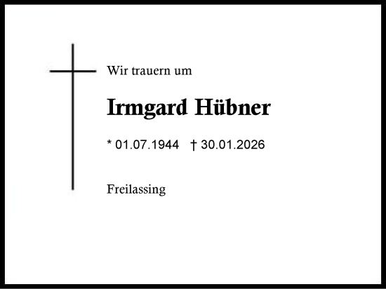 Traueranzeige von Irmgard Hübner von Region Berchtesgadener Land