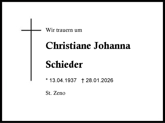 Traueranzeige von Christiane Johanna Schieder von Region Berchtesgadener Land